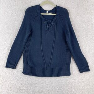 Moth Blue Cable Knit Sweater Womens Lace‎ Up V-Neck Long Sleeve Size Small